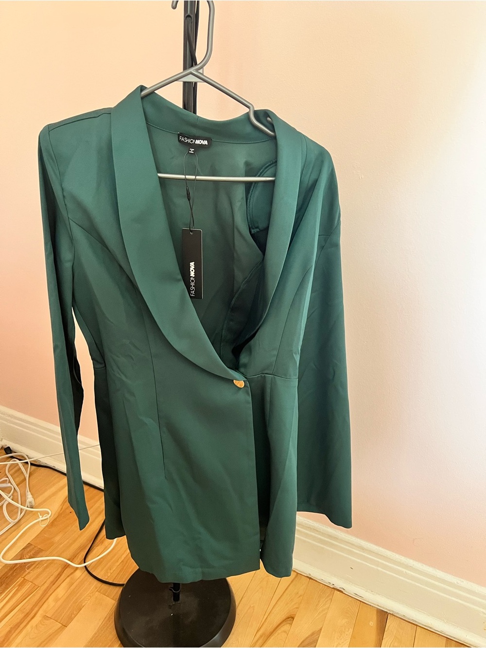 Fashion Nova Deep Green Longline Blazer with Gold Button
